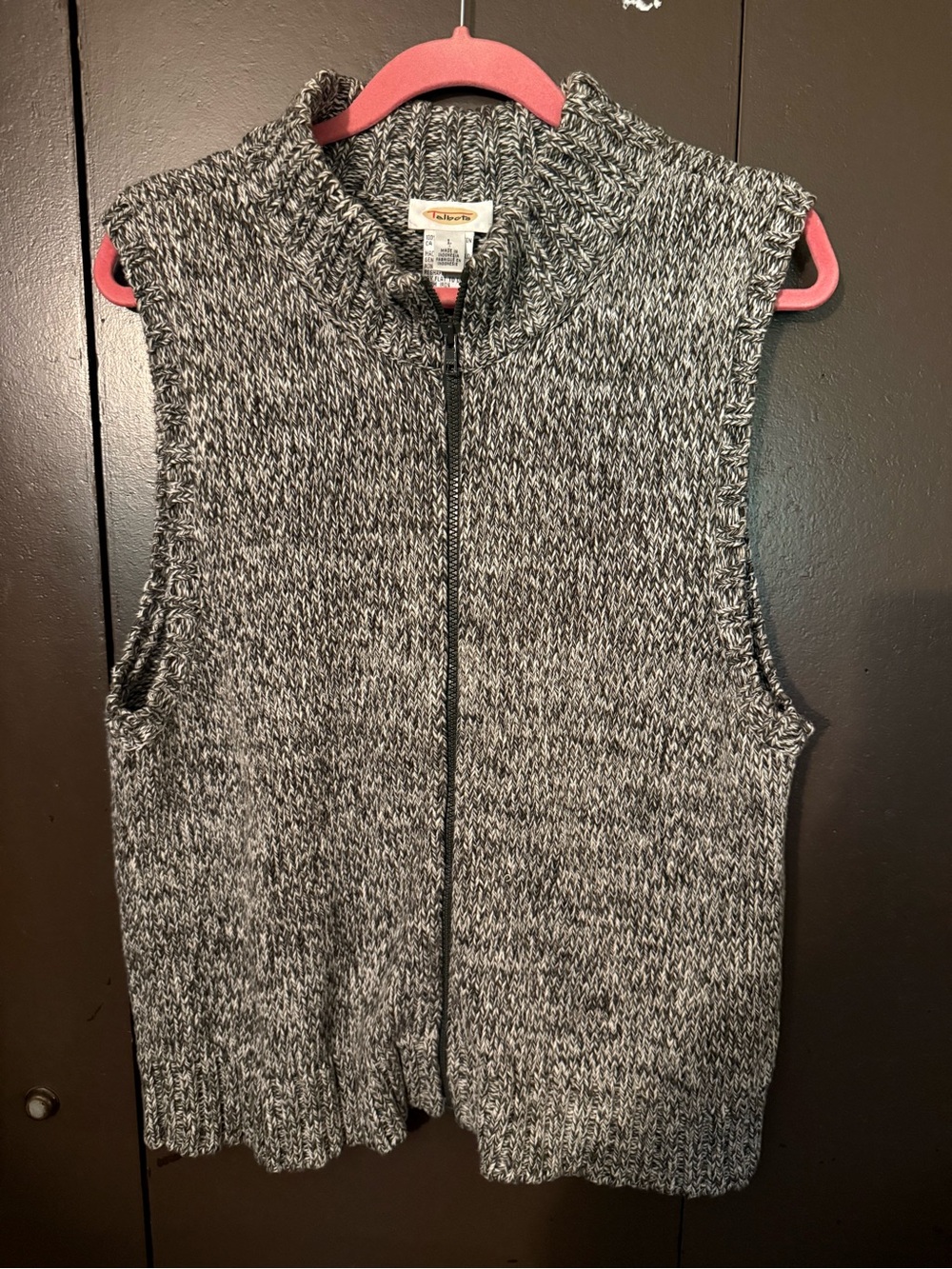 Talbots Black and White Marled Knit Zip-Front Sweater Vest